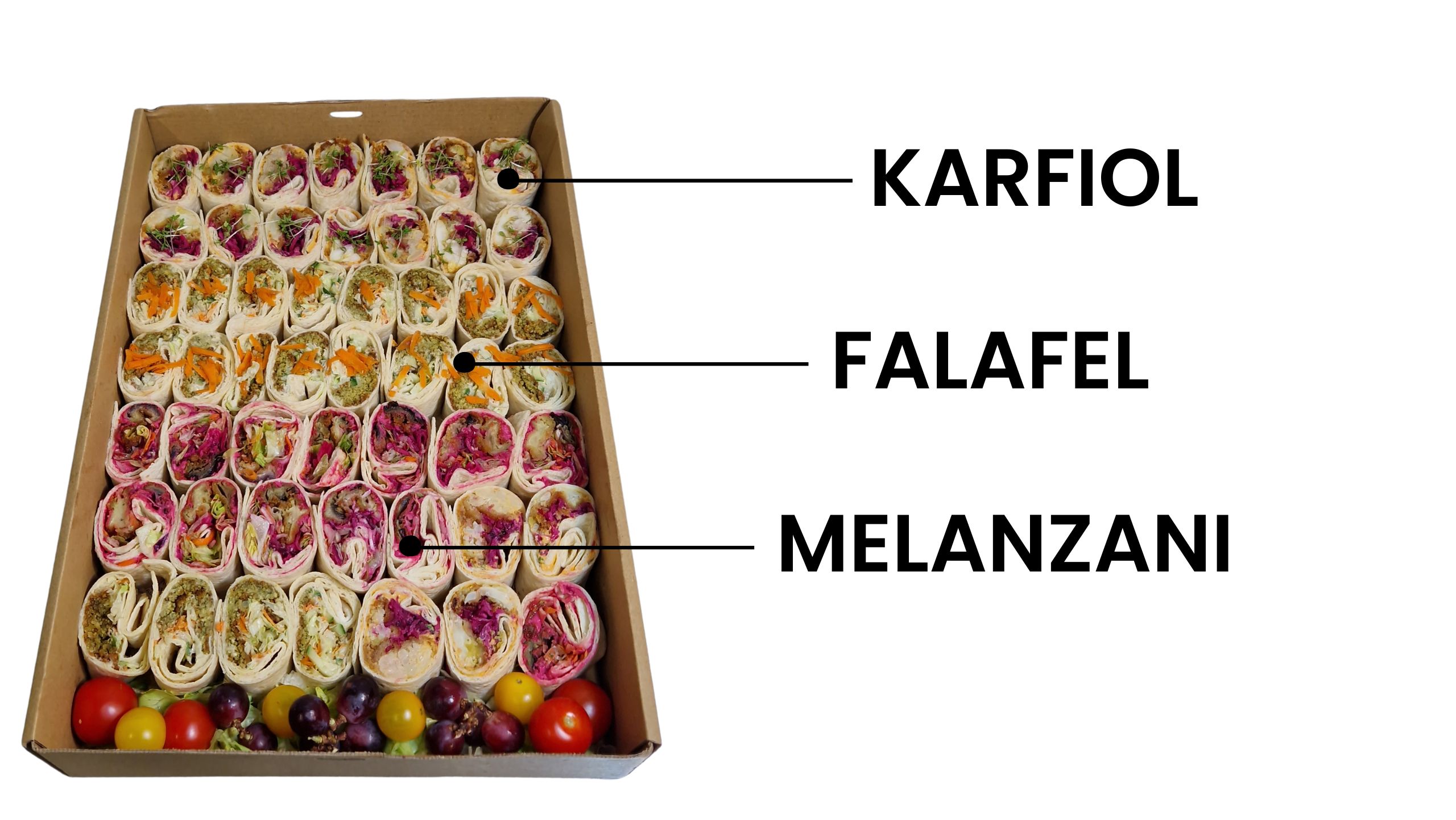 Catering-Box gefüllt mit drei Sorten veganer Wraps: Karfiol-Nuggets (oben), Falafel (Mitte) und Melanzani-Streifen (unten). Das Fingerfood ist garniert mit Trauben und Kirschtomaten.
