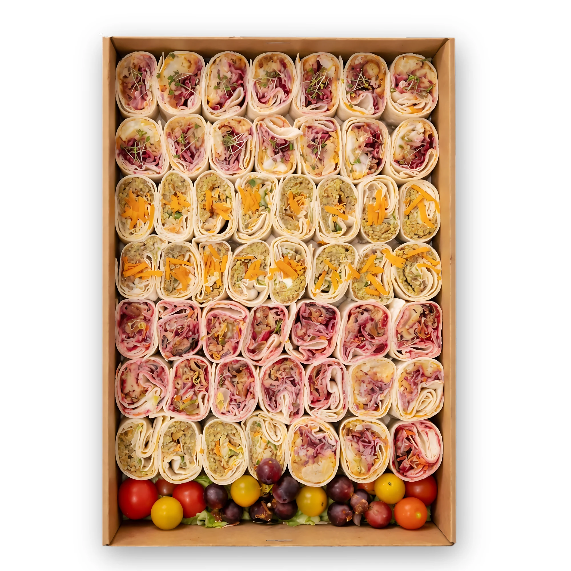 Vegane Classic Wraps Box mit Falafel, Karfiol-Nuggets und frischem Gemüse, serviert als Catering Fingerfood in Wien.