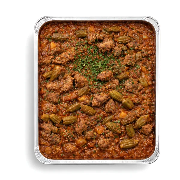 Rinder Bamja-Eintopf mit Okraschoten und Tomatensauce für 5 Personen.