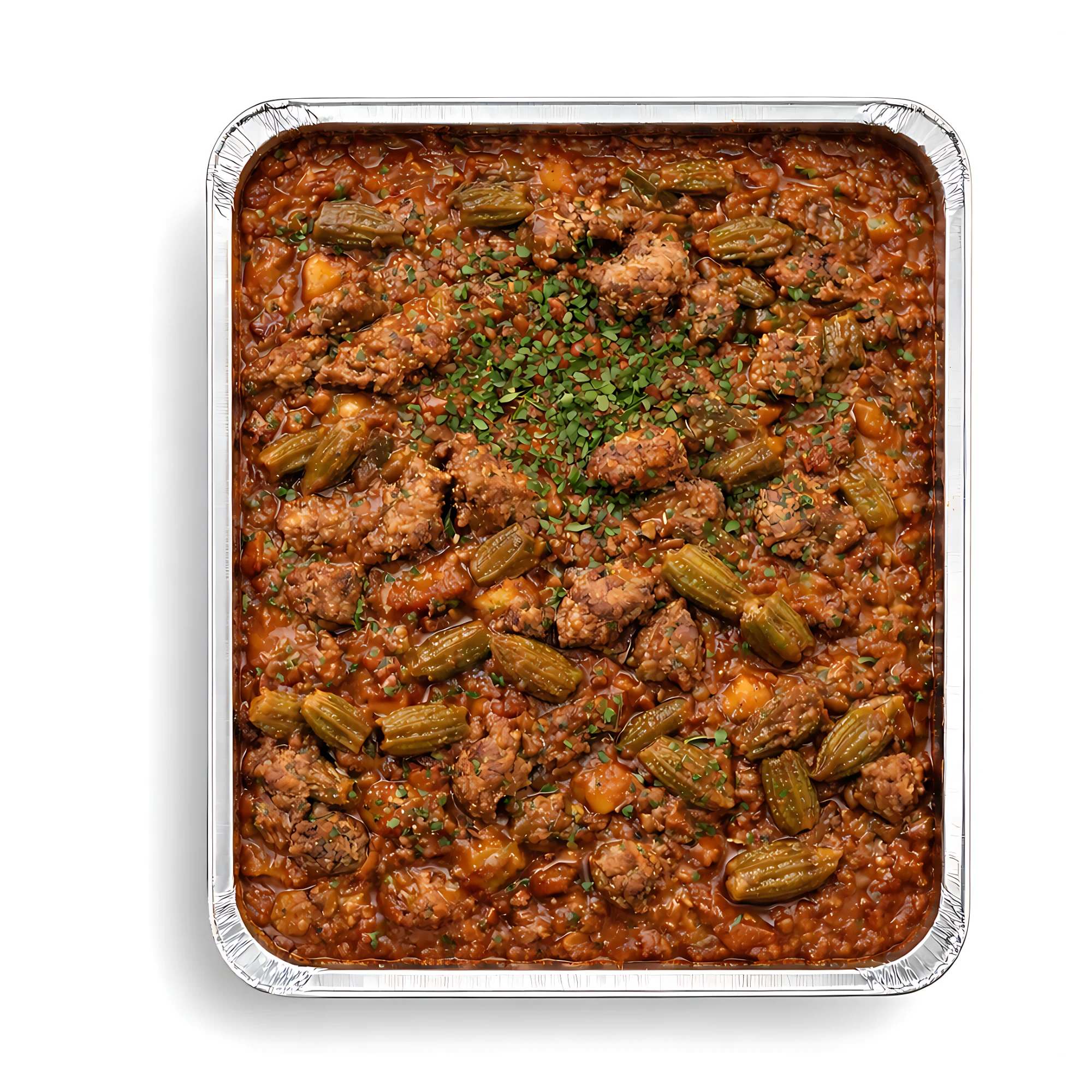 Rinder Bamja-Eintopf mit Okraschoten und Tomatensauce für 5 Personen.