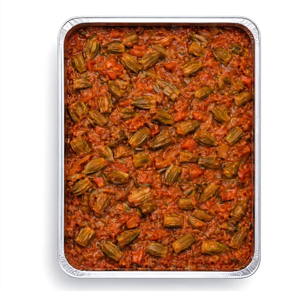 Veganer Bamja-Eintopf mit Okraschoten und Tomatensauce für 5 Personen.