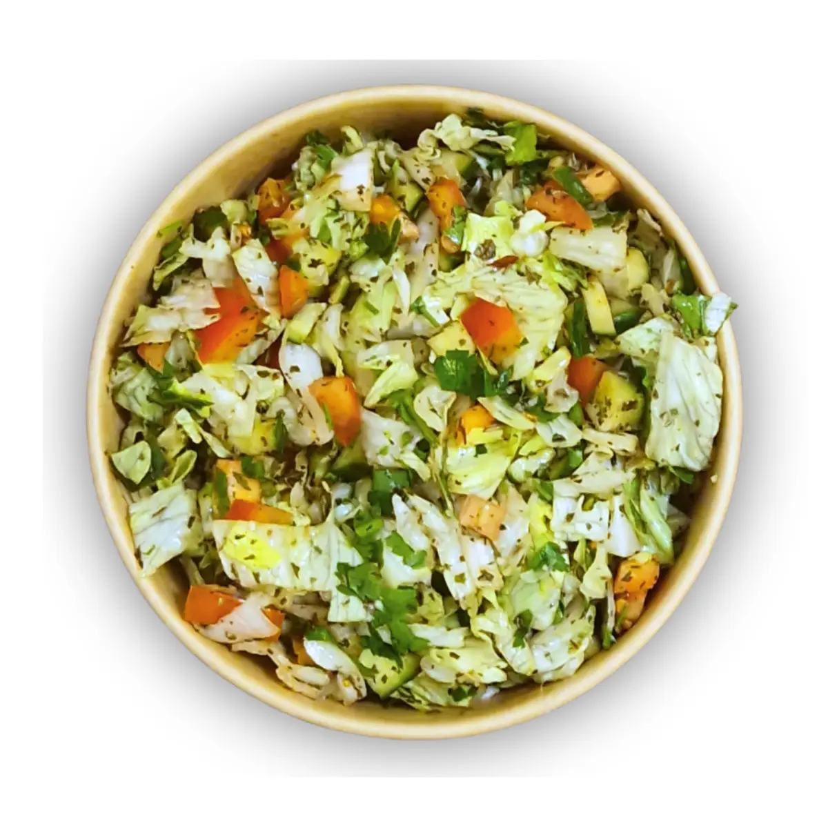 Fatousch Salat in der 500g Box mit frischem Gemüse und knusprigen Brot-Chips.