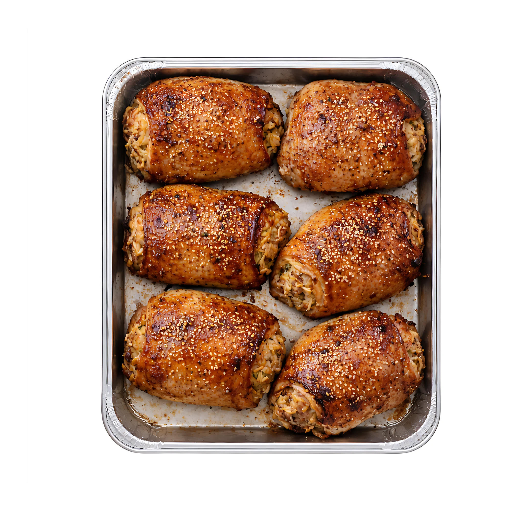 Ausgelöste Hühnerkeulen mit Reisfüllung in einer Catering-Schale.