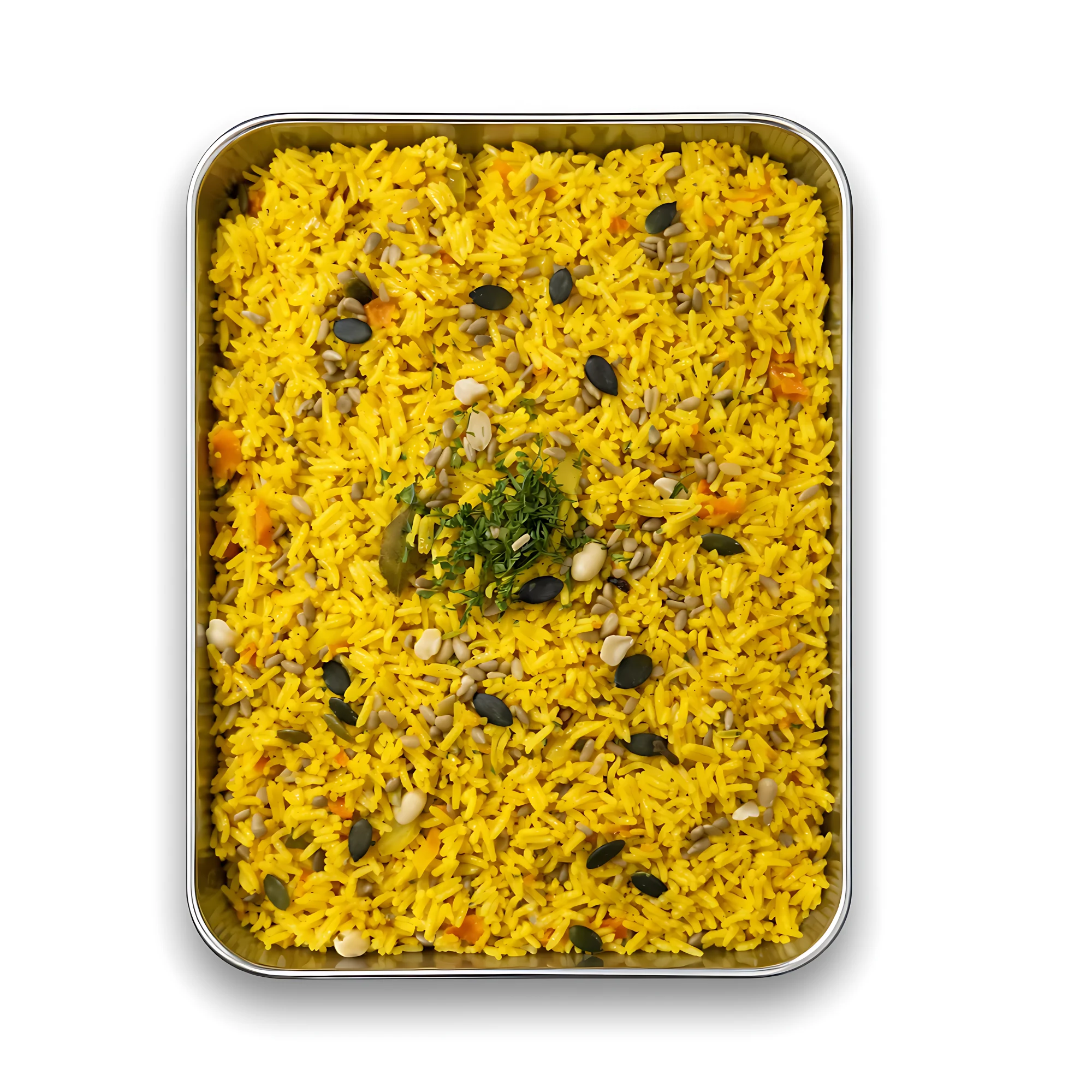 Vegan Kabse Reis, orientalischen Gewürzen und Mandeln für 5 Personen.