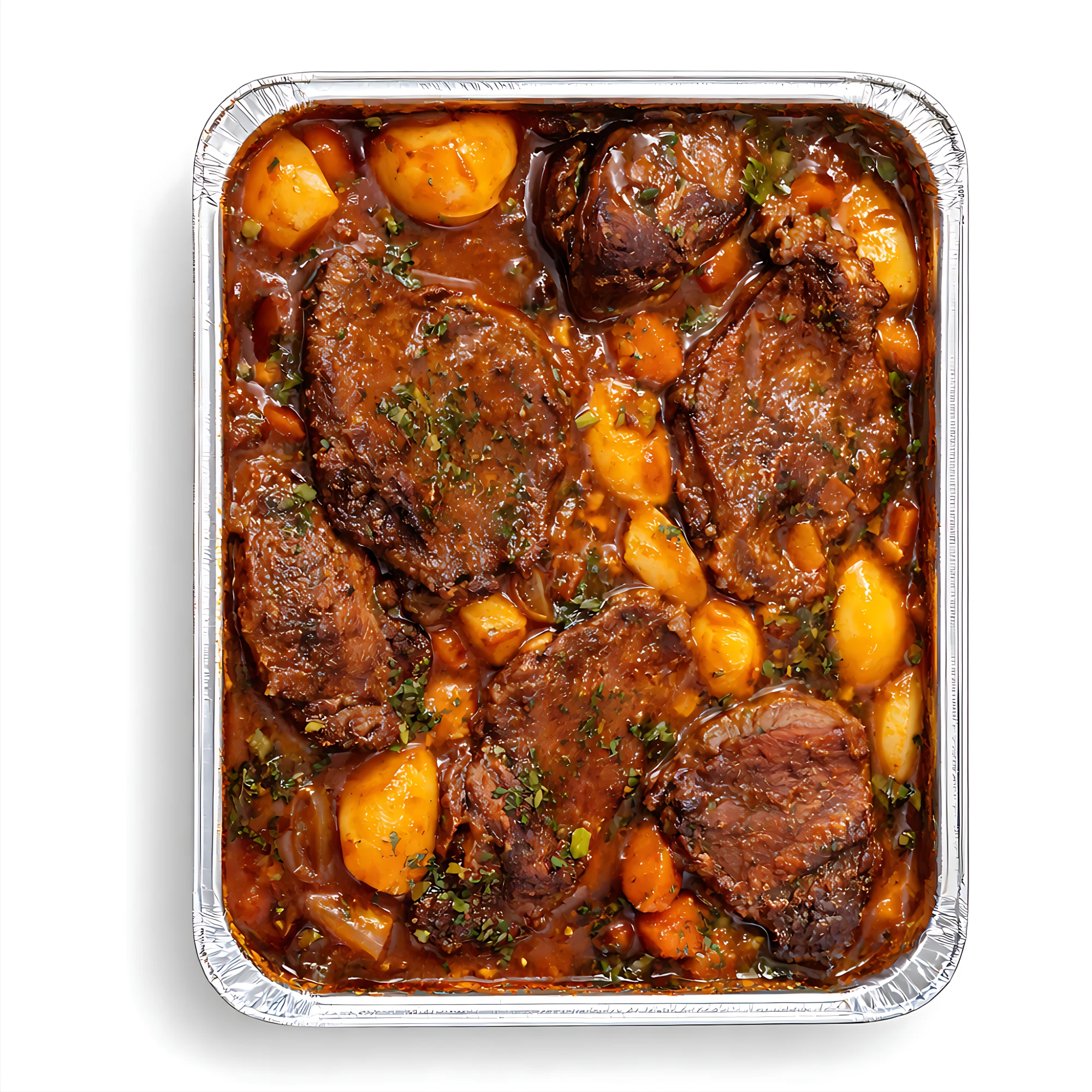 Zarte Kalbfilet Steaks mit Beilage in einer Catering-Aluschale für 5 Personen.