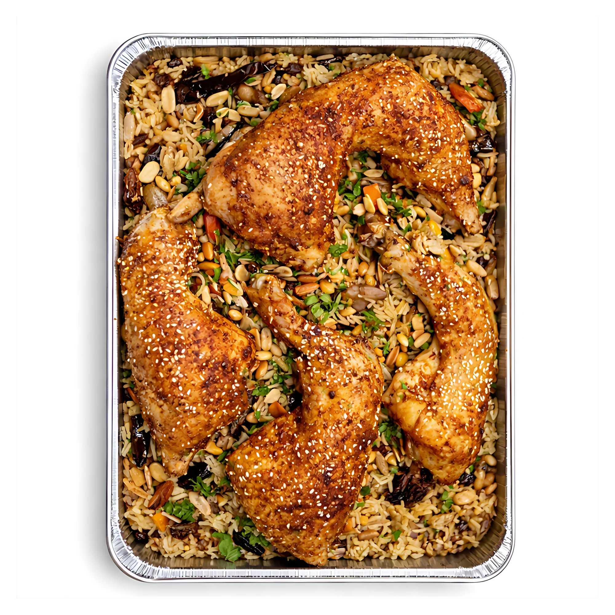 Traditionelles Maqlube mit Huhn, Reis und Auberginen in der Aluschale für 5 Personen.