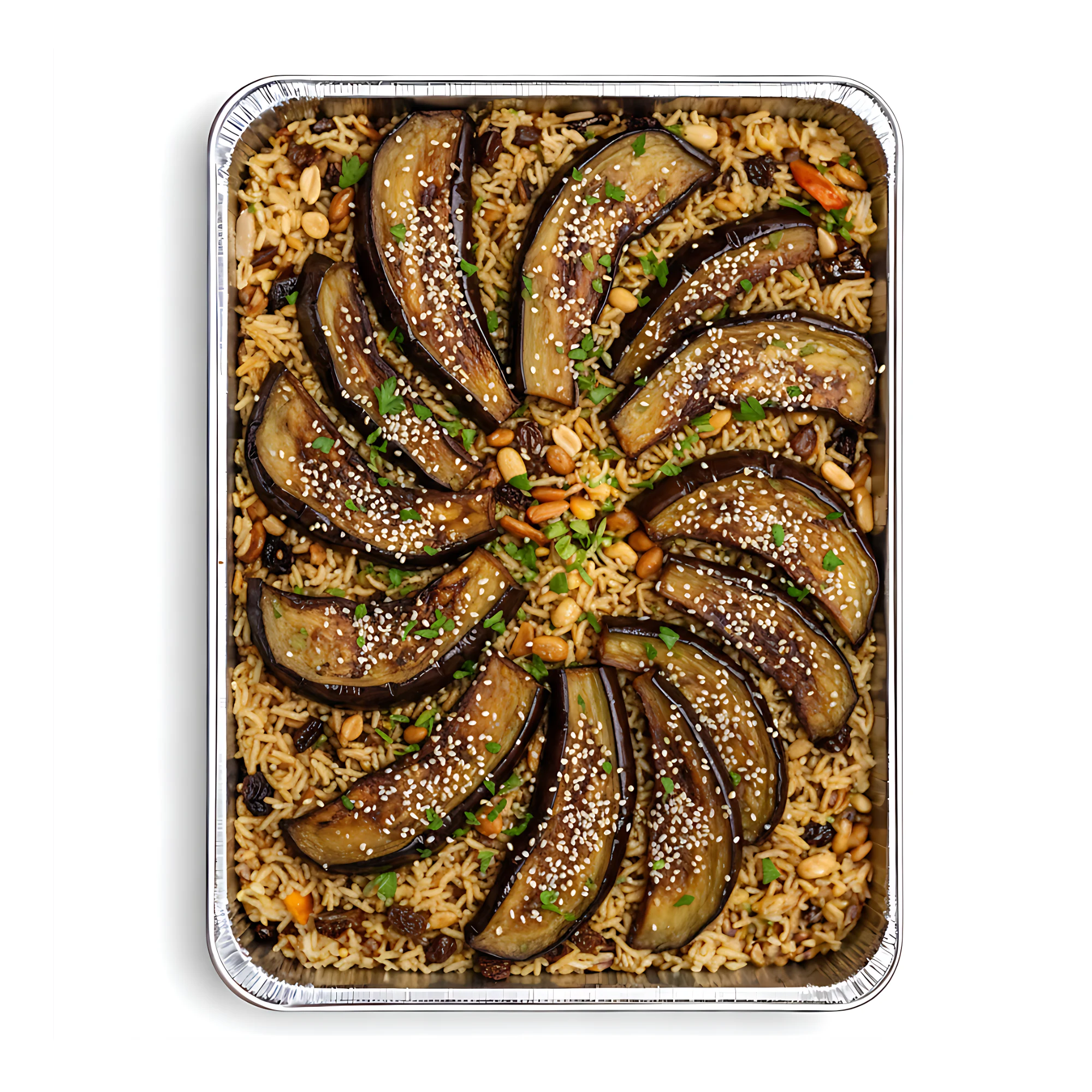 Veganes Maqlube mit Auberginen, Blumenkohl und gewürztem Reis für 5 Personen.