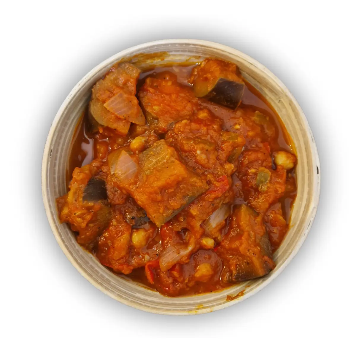 Stückiges Auberginen-Ragout pikant in 500g Schale mit frischen Kräutern.