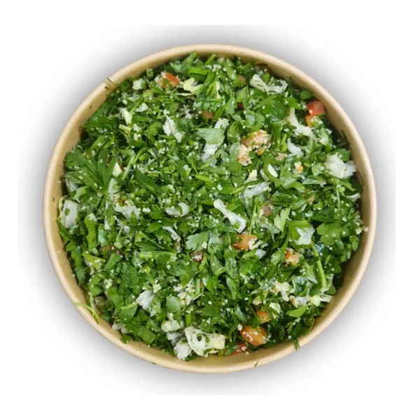 Frischer Taboule Salat mit viel Petersilie, Minze und Bulgur in der 500g Schale.