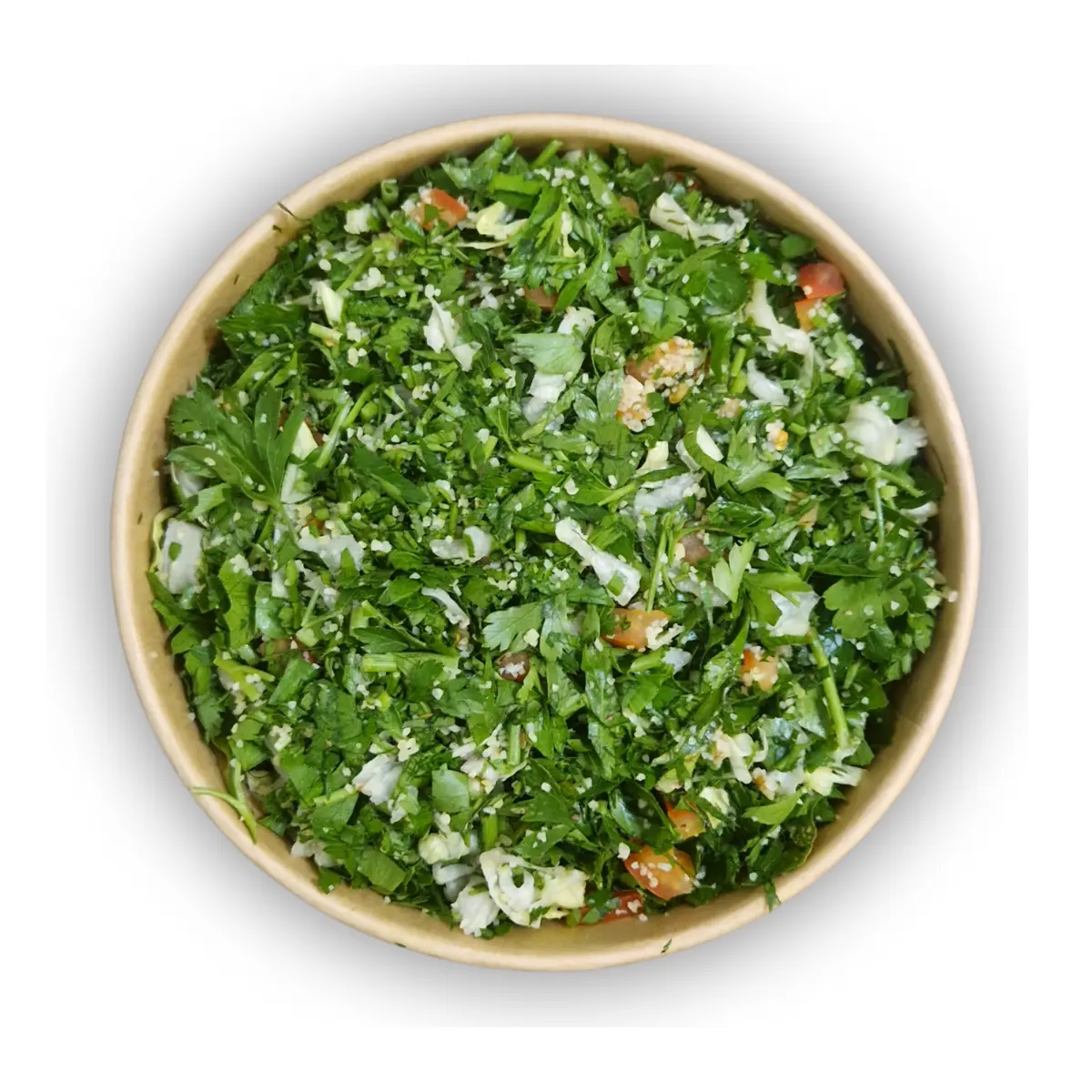 Frischer Taboule Salat mit viel Petersilie, Minze und Bulgur in der 500g Schale.