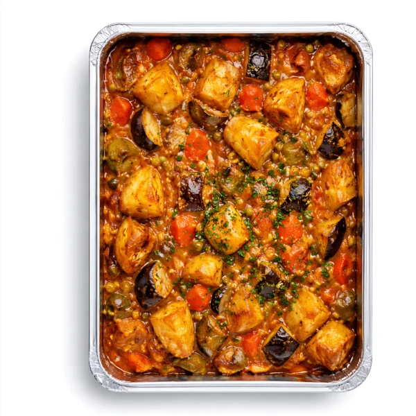 Bunter veganer Tajine-Eintopf mit Gemüse für 5 Personen.