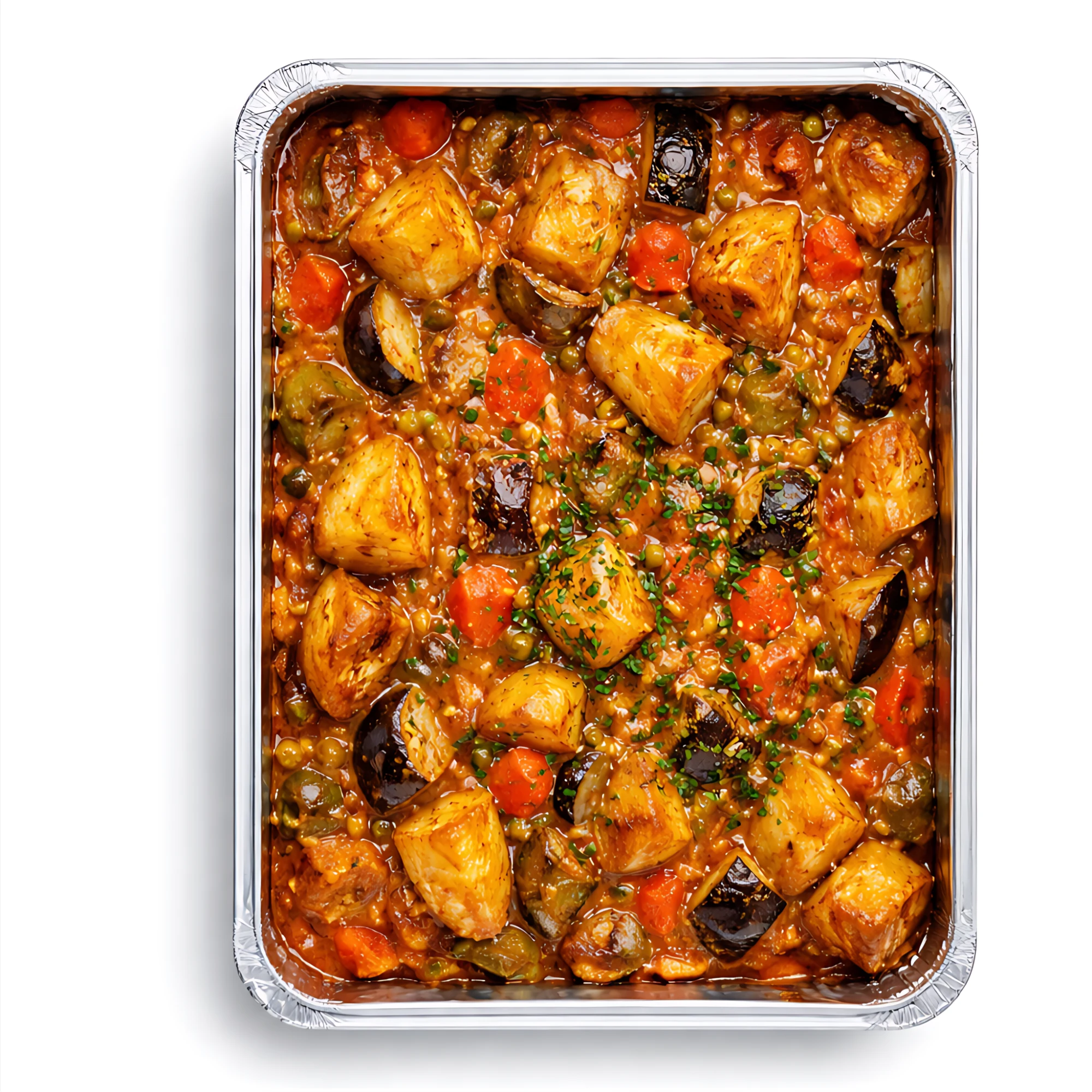 Bunter veganer Tajine-Eintopf mit Gemüse für 5 Personen.