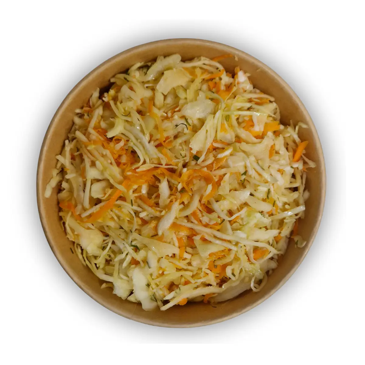 Klassischer weißer Krautsalat, fein geschnitten in der 500g Schale mit Karotten-Garnitur.